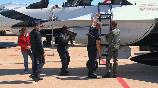 "Warriors Over the Wasatch: A Legacy of Valor" air show and open house happens this Saturday and Sunday. Ogden police officer Shawn Grogan, who was injured during a shootout in Ogden Jan. 4, 2012, was chosen to take part in the Air Force Hometown Heroes Program, Thursday, May 24, 2012, he flew in an F-16. (Photo: Mike Anderson, KSL News)