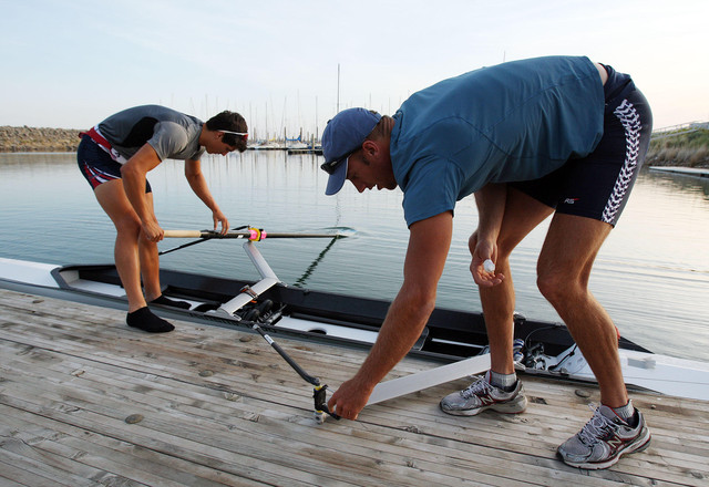 Derek Johnson, left, and Andrew Melander of the California Rowing Club prepare to train at the Great Salt Lake, Monday, June 4, 2012.