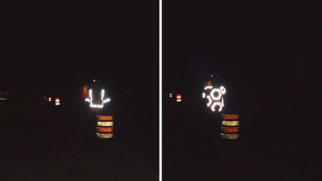 Construction workers pictured wearing a traditional safety vest (left) and one of Grimshaw's safety T-shirts (right) while working at night.