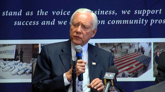 Hatch appeals to the crowd at a campaign event.