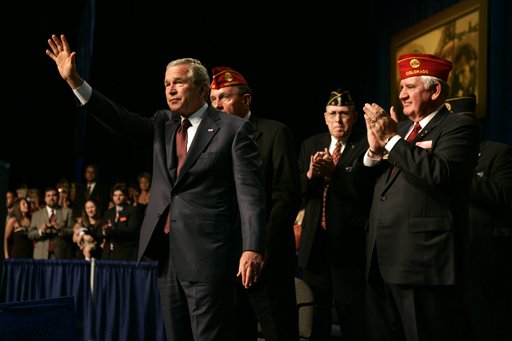 President Bush waves to the crowd after delivering a speech to the 88th Annual American Legion National Convention on Thursday, Aug. 31, 2006 in Salt Lake City, Utah. (AP Photo/Evan Vucci)