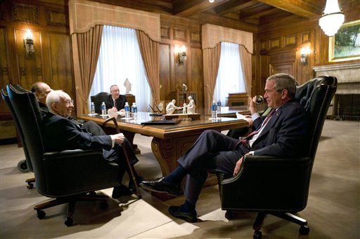 In this photograph provided by The White House, President Bush, right, meets with the leadership of the Church of Jesus Christ of Latter-day Saints Thursday, Aug. 31, 2006, during his visit to Salt Lake City. (AP Photo/The White House, Eric Draper)