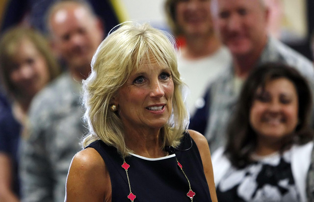 Jill Biden stops to visit military families at the Utah National Guard base in Salt Lake City on July 10, 2012. The first lady is scheduled to have Mohs surgery on Wednesday to address a lesion near her eye.