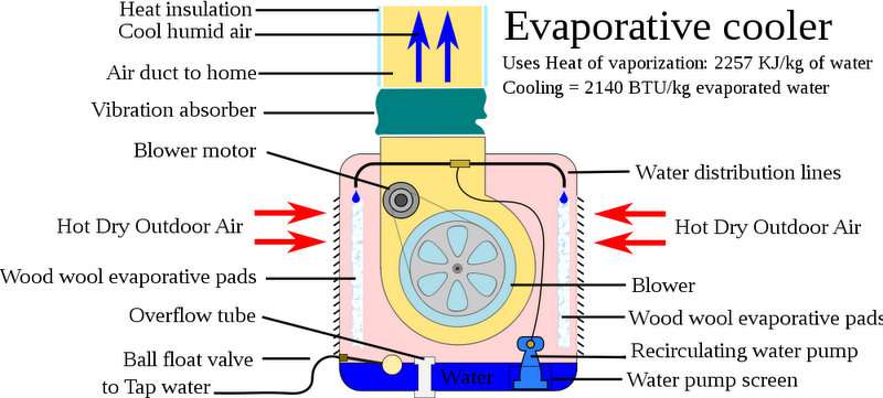 Diagram explaining how an evaporation cooler
works.