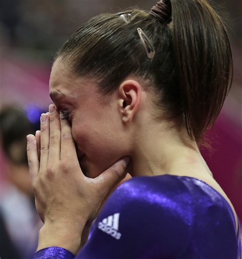 U.S. gymnast Jordyn Wieber cries after she 
failed to qualify for the women's all-around 
finals during the Artistic Gymnastics women's 
qualification at the 2012 Summer Olympics, 
Sunday, July 29, 2012, in London.