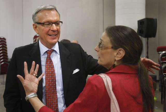 Scott Howell is congratulated by Miriam Hyde after he won the democratic nomination for U.S. Senate to run against the seat currently occupied by Orrin Hatch. (Photo: Stuart Johnson, Deseret News)