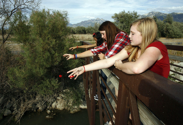 Sylvia Yang, left, Chelsea Poyurs and Mikayla Yuhas, friends of Annie Kasprzak, throw candles into the Jordan River on the 6 month anniversary of Annie's death, Friday, Aug. 10, 2012.