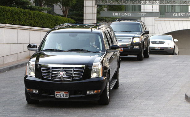 Motorcade with former U.S. President Bill Clinton leaves Grand America Hotel Monday, Aug. 13, 2012, in Salt Lake City. (Photo: Tom Smart, Deseret News)
