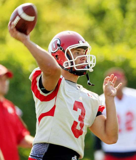 Utah's quarterback #3 Jordan Wynn throws a pass during football practice Monday, Aug. 20, 2012. (Scott G Winterton, Deseret News)