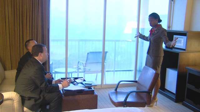 Mia Love, 4th District congressional candidate, who will be speaking at the Republican National Convention takes time out from practicing her speech in her hotel room to talk with local media.