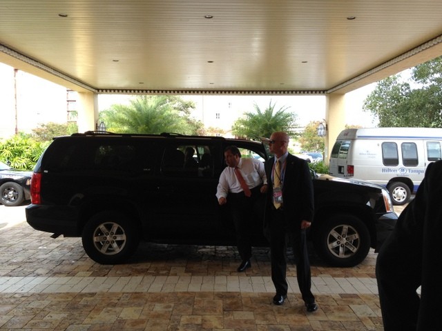 New Jersey Gov. Chris Christie arrives at the Hilton Tampa Airport Westshore to speak before the Utah delegation. (Credit: Josh Furlong)