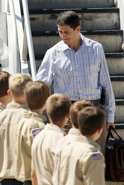 Republican Vice Presidential candidate Paul Ryan is greeted by Provo Boy Scout Troop 720 upon arrival in Provo Wednesday, Sept. 5, 2012. (Photo: Jeffrey D. Allred, Deseret News)