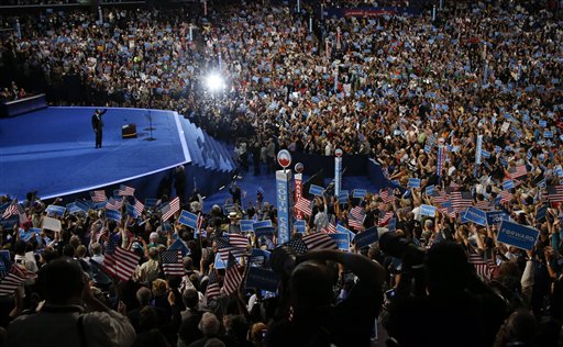 President Barack Obama waves after his speech at the Democratic National Convention in Charlotte, N.C., on Thursday, Sept. 6, 2012. (AP Photo/Jae C. Hong)