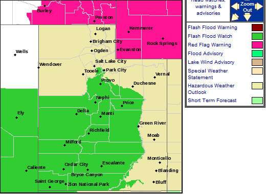 Flash flood warning for Utah as of 5:00 p.m. Monday night. Click
