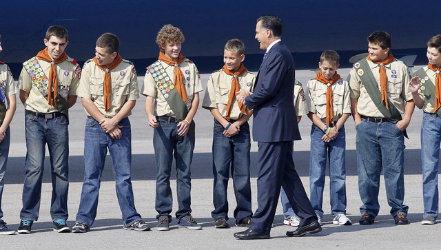 Mitt Romney greets Boy Scouts from Salt Lake City Troop 315 as he arrives in Salt Lake City, Tuesday, Sept. 18, 2012.