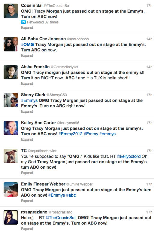 Tom Hanks makes Emmy a hood ornament and Tracy Morgan passes out on stage