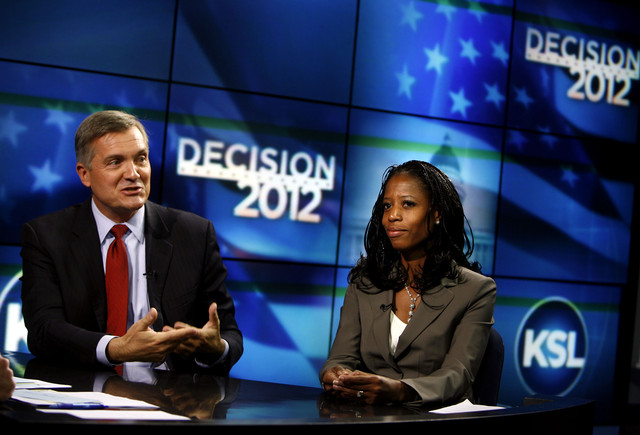 4th Congressional District candidates Rep. Jim Matheson and Saratoga Springs Mayor Mia Love participate in their second debate on KSL 5 News in Salt Lake City on Thursday, Sept. 27, 2012. (Laura Seitz, Deseret News)