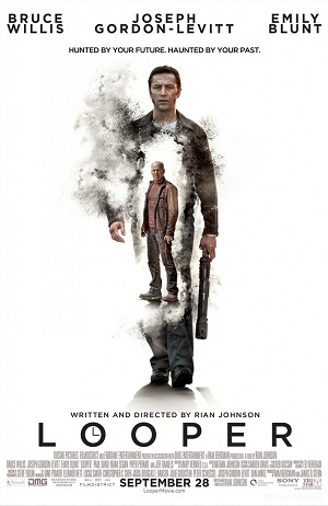 Promotional poster for "Looper," featuring a play on words between "haunted" and "hunted" that there's no way Rian Johnson would have approved if he had a choice in the matter.