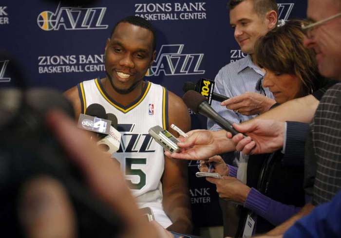 Al Jefferson talks with the media during Utah Jazz media day Monday, Oct. 1, 2012 at the Zions Bank Basketball center. (Scott G. Winterton/Deseret News)