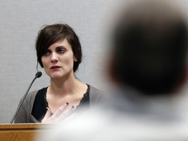 Rachel MacNeill, daughter of Martin MacNeill, at right testifies in his preliminary trial Judge Sam McVey's 4th District Court in Provo Wednesday, Oct. 10, 2012. Martin MacNeill is a doctor accused of murdering his wife. This was the first time in several years that Rachael had come face to face with her father. (Photo: Pool Photo, )