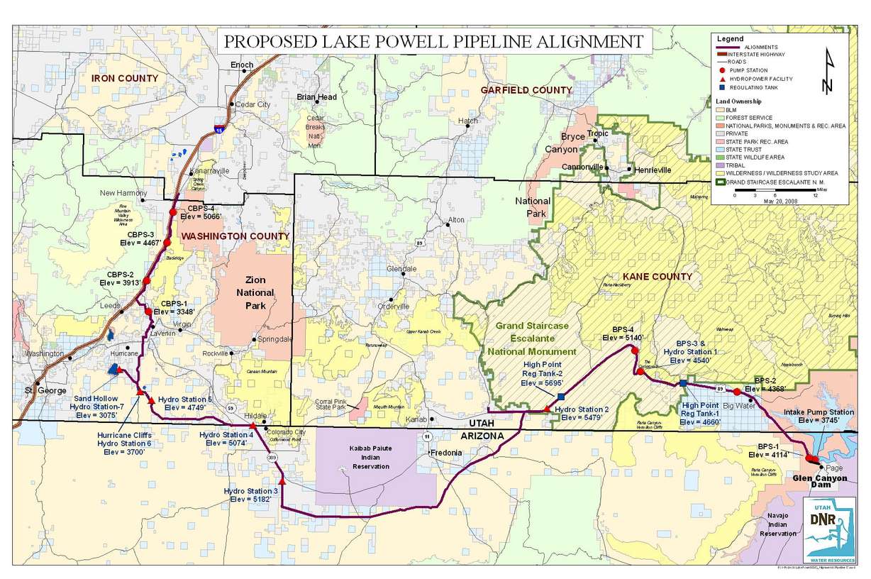 This map shows the route of the proposed pipeline as well as the placement of hydroelectric stations and pumping stations.