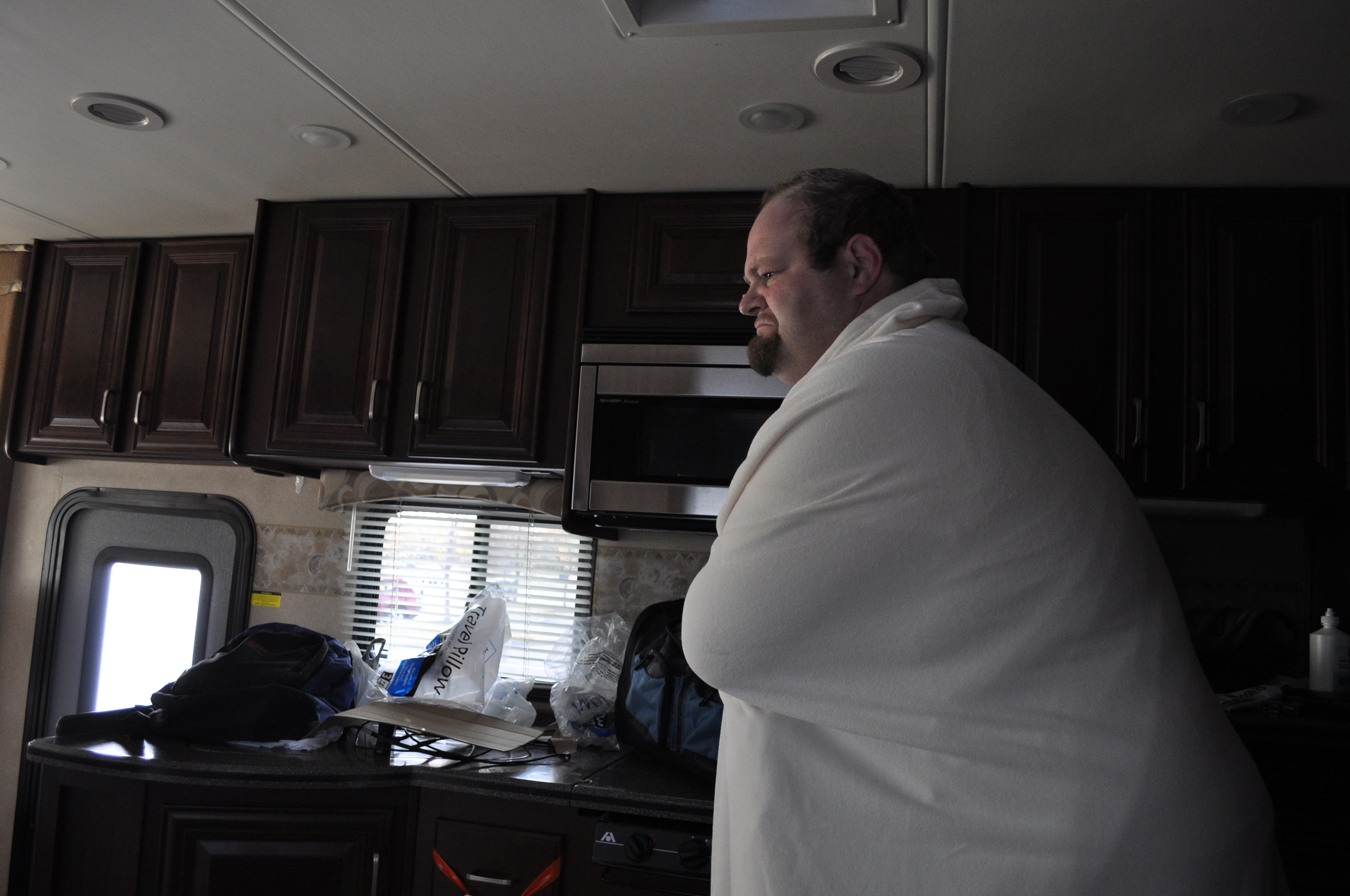 Alex trying to get his bearings after about three hours of sleep in North Platte, Nebraska