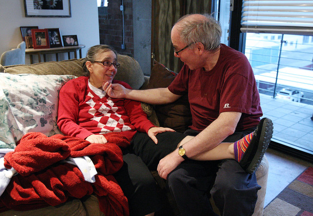 Martin Personick helps his wife, Valerie, who has Alzheimer's, at their apartment in Salt Lake City, Thursday, Oct. 18, 2012. Martin receives help from Homewatch CareGivers in caring for Valerie.