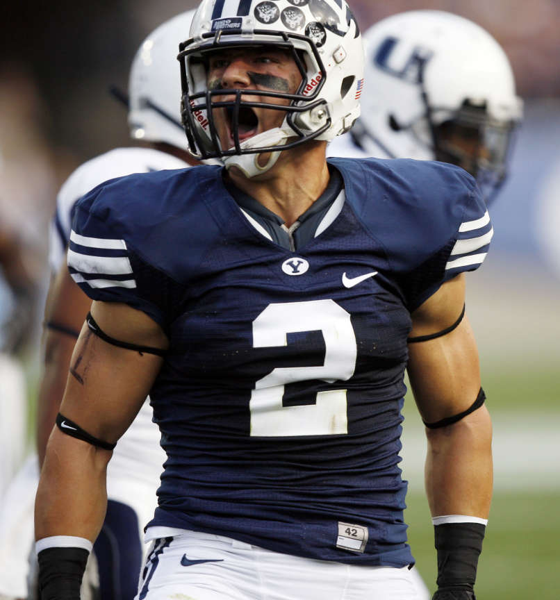 BYU's #2 Spencer Hadley screams after a good defensive play (Scott G Winterton, Deseret News)