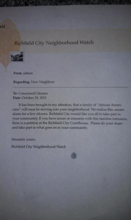 Richfield residents 'disgusted' over distributed racist letter