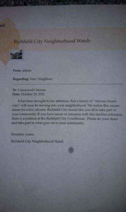 Richfield residents 'disgusted' over distributed racist letter