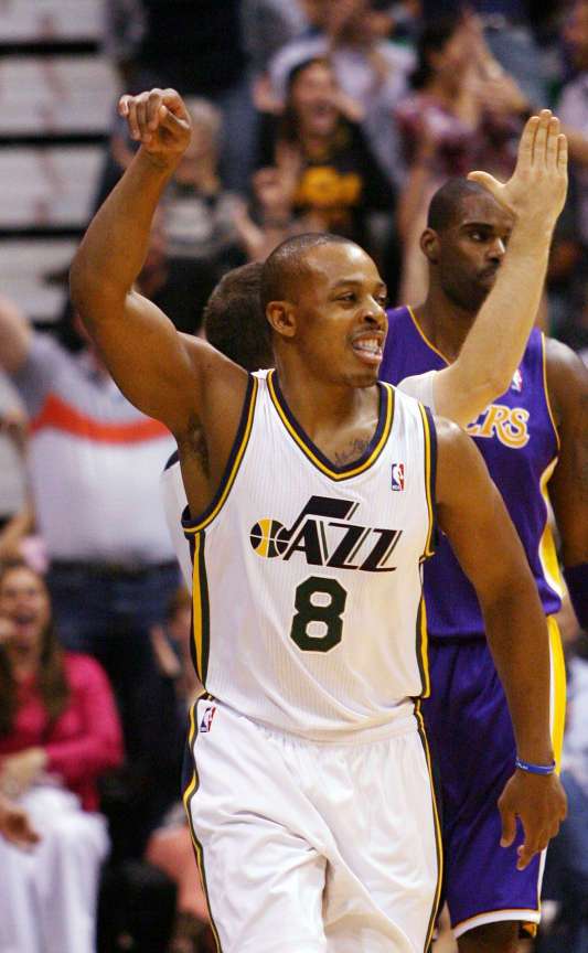 Randy Foye of the Utah Jazz celebrates a big play against the Los Angeles Lakers during their match up at Energy Solutions Arena in Salt Lake City Wednesday, Nov. 7, 2012. (Submission date: 11/07/2012)