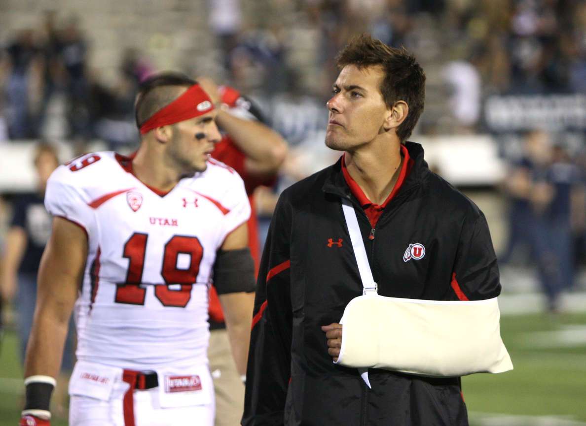 Utah Utes quarterback Jordan Wynn (3) walks off the field at the end of the game as the University of Utah football team is defeated by Utah State University 27-20 in overtime Friday, Sept. 7, 2012,in Logan, Utah. (Submission date: 09/11/2012)