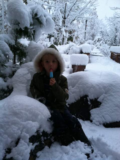 Little boy treks through snow for popsicle because that's what boys do