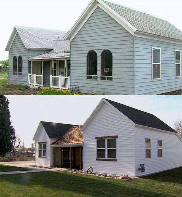 Above, the home before restoration. Below, the home with the log cabin in it's original state, flanked by newer additions.