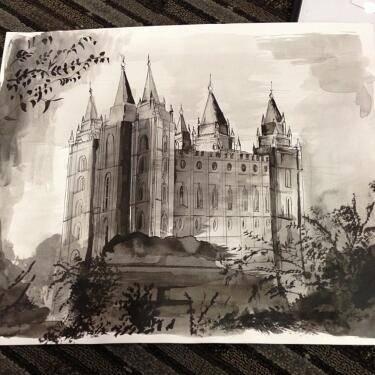 Utah Jazz player Jeremy Evans' original ink drawing of the Salt Lake Temple. (courtesy Earl Watson, Utah Jazz)