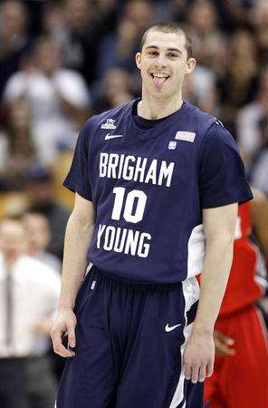 Brigham Young Cougars guard Matt Carlino (10) reacts after hitting a 3 against Utah in Provo Saturday, Dec. 8, 2012. (Jeffrey D. Allred, Deseret News)
