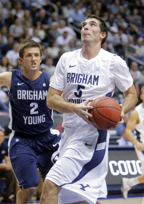 Agustin Ambrosino looks up at the hoop during a BYU basketball scrimmage. (Scott G. Winterton/Deseret News)