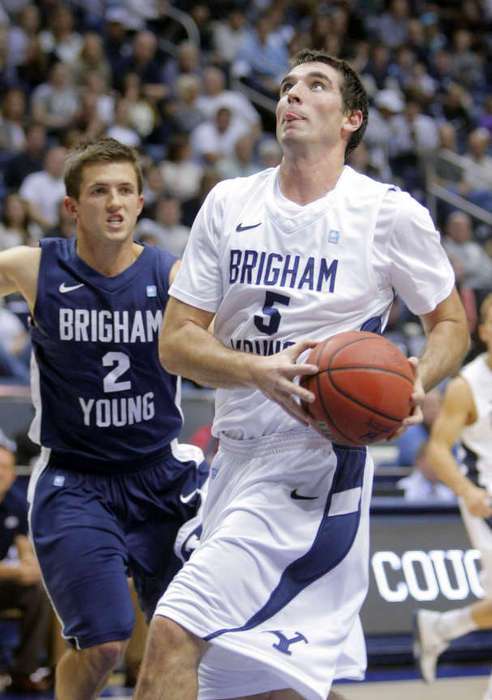 Agustin Ambrosino looks up at the hoop during a BYU basketball scrimmage. (Scott G. Winterton/Deseret News)