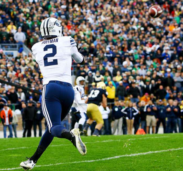 BYU's Cody Hoffman reaches up for the ball in the back of the end zone against Notre Dame. (Scott G. Winterton/Deseret News)