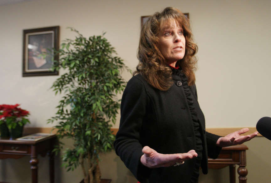 Jordan School District communications director Sandy Riesgraf speaks with the media about a school play at Herriman High School in West Jordan Thursday, Jan. 3, 2013. (Jeffrey D. Allred, Deseret News)