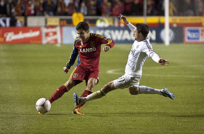 Real Salt Lake defender Tony Beltran takes a deep shot during the second half of the MLS match between Real Salt Lake and Vancouver Whitecaps FC at Rio Tinto Stadium, Saturday, Oct. 27, 2012. (Ben Brewer, Deseret News)