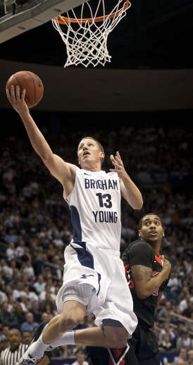 BYU guard Brock Zylstra (13) puts in a layup (Ben Brewer, Deseret News)