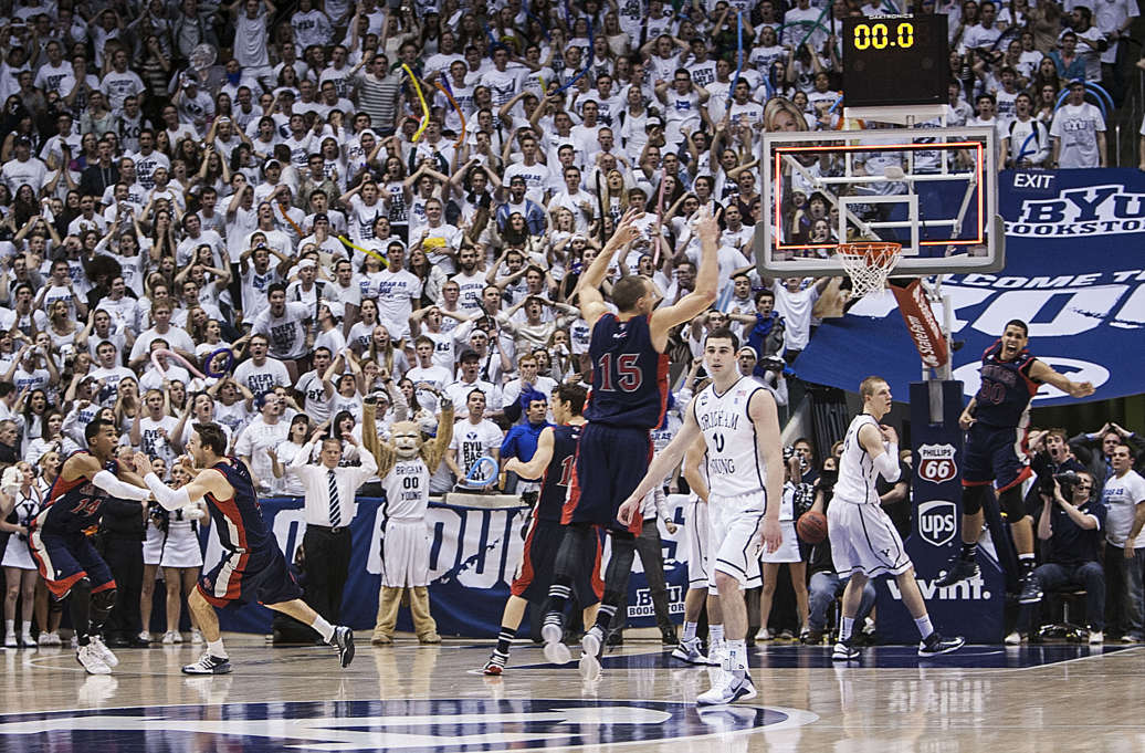 St. Mary's Players celebrate a last second three point shot for the win over BYU Wednesday, Jan. 16, 2013 in the Marriott Center. St. Mary's won 70-69 on a last second shot by Matthew Dellavedova. (Scott G Winterton, Deseret News)