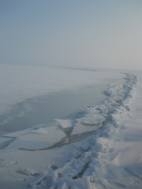 A small crack in the top layer of ice at Utah Lake.