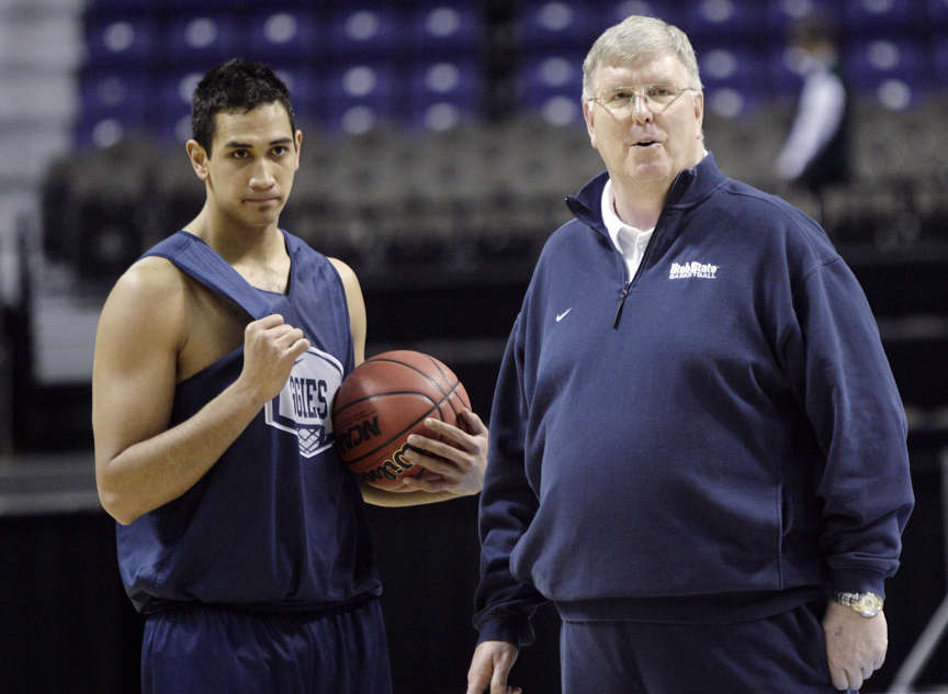 Utah State University coach Stew Morrill and forward Tai Wesley talk during practice as they prepare for Texas A&M in the first round of the NCAA basketball tournament (Jeffrey D. Allred, Deseret News)