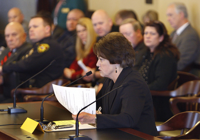 Sen. Margaret Dayton, R-Orem, discusses SB120 at a meeting of the Senate Government Operations and Political Subdivisions Committee on Tuesday, Jan. 29, 2013, at the Capitol in Salt Lake City. The bill seeks to allow the state forester to "restrict or prohibit target shooting in areas where hazardous condition exist."