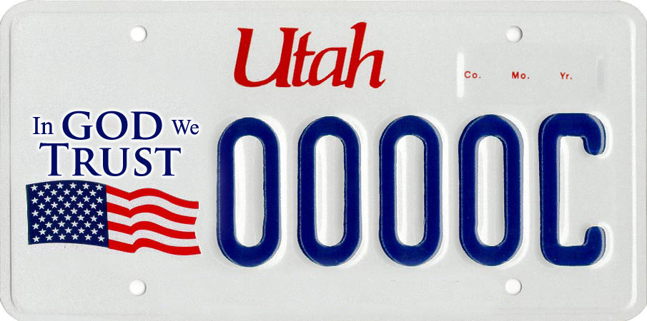 A design for a license plate featuring the words "In God We Trust."