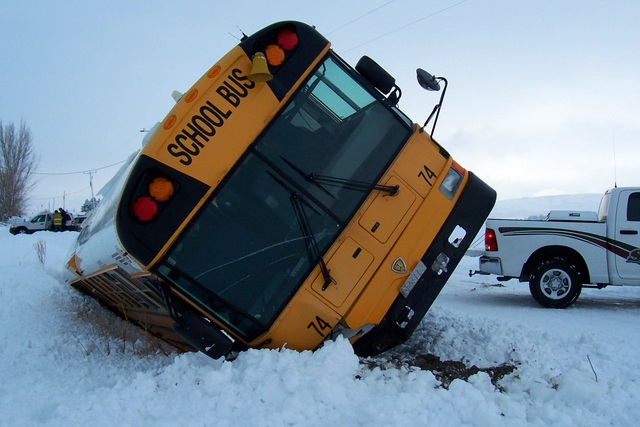 School bus slides off road, rolls into ditch