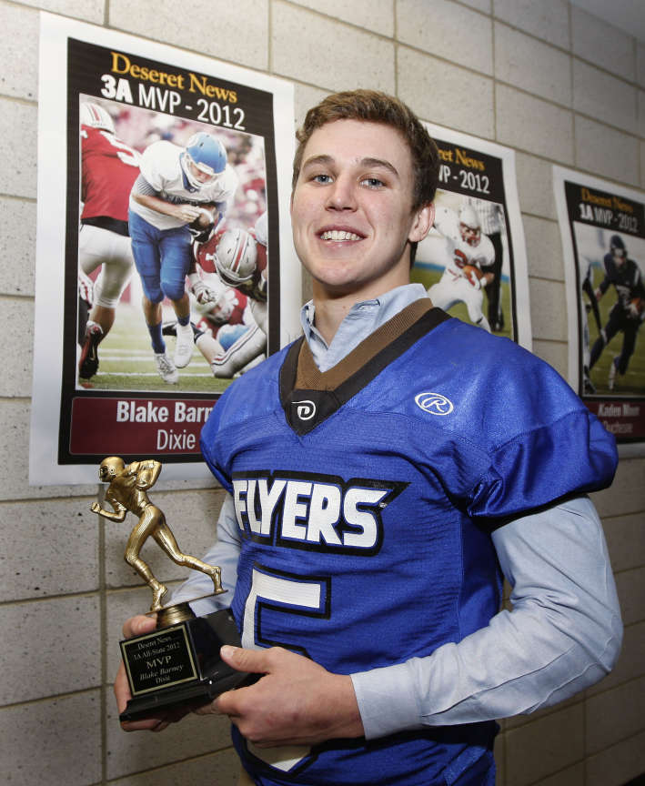 3A MVP (Blake Barney, Dixie) at the All-State football awards ceremony at Jordan High School Monday, Dec. 10, 2012, in Sandy. Today he signed with Weber State.