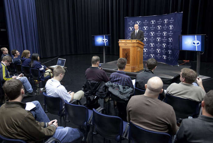 BYU Head Football Coach Bronco Mendenhall speaks at a Press Conference held in the BYU Broadcast Building during National Signing Day. (Photo by Jaren Wilkey/BYU>